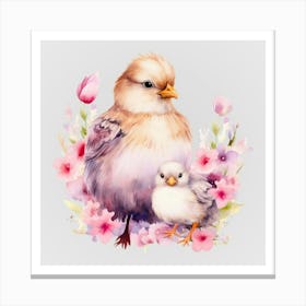 Watercolor Spring Mama And Baby Chickens Canvas Print