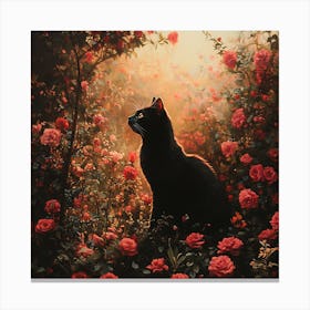 Black Cat in a Floral Sunset Garden 2 Canvas Print