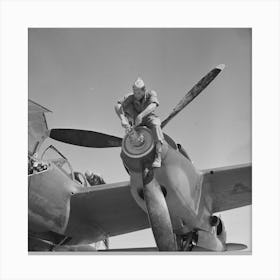 Working On The Nose Of One Engine Of An Interceptor Plane, Lake Muroc, California By Russell Lee Canvas Print