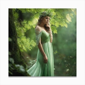 Beautiful Woman In Green Dress In The Forest 1 Canvas Print