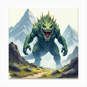 Titan Monster Rampaging In A Watercolor Mountain Range 1 Canvas Print