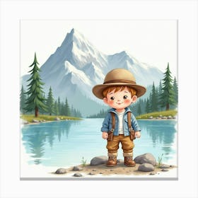 Watercolor Baby Boy Wearing A Tiny Explorer Hat By A Mountain Lake Canvas Print