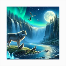 Wolf Family by Waterfall Under Full Moon and Aurora Borealis 2 Canvas Print