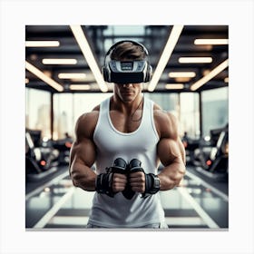 Alpha Male Model Working Out With Heavy Weight Machine, Wearing Futuristic Sonic Armor Exoskeletons And Vr Headset With Headphones Award Winning Photography With Sports Car Racing In Background Designed And Captu Canvas Print