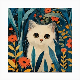 William Morris Inspired White Kitten in the Garden Canvas Print