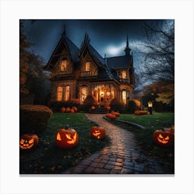 Halloween House With Pumpkins Canvas Print