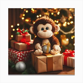 Cute Monkey On A Christmas Gift Canvas Print