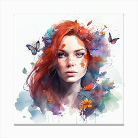 Watercolor Floral Red Hair Woman #3 Canvas Print