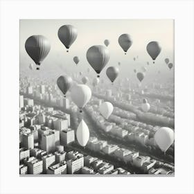 A Black And White Aerial View Of A City With Numerous Hot Air Balloons Floating Over The Buildings Canvas Print