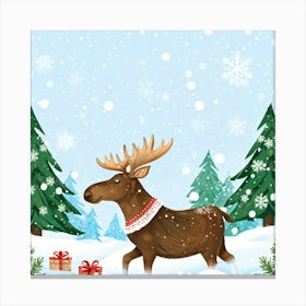 Scandinavian Art Illustration Baby Moose In Snowy Clearing Antler Ornaments Twinkling Swaying In Canvas Print