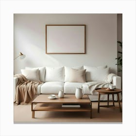 White Sofa With Beige Pillows, A Wooden Coffee Table, And Blank Picture Frame On The Wall Canvas Print