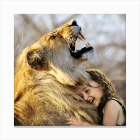 Little Girl Hugging A Lion Canvas Print