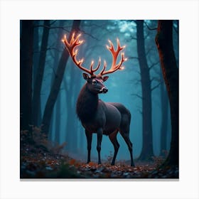 A Majestic Stag With Antlers Of Glowing, Bioluminescent Patterns Standing In A Magical Forest 1 Canvas Print