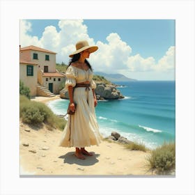 Spanish Woman In A Coastal Village, Watercolor With Sea Tones 1 Canvas Print