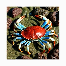 Crab Crustacean Marine Shellfish Ocean Beach Claw Legs Pincers Red Blue Green Brown Whi (3) Canvas Print