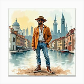 Stylish Man In Watercolor Outfit, Enchanting Cityscape 1 Canvas Print