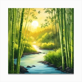 A Stream In A Bamboo Forest At Sun Rise Square Composition 52 Canvas Print