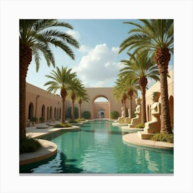 A Serene Oasis Surrounded By Palm Trees And Ancient Statues Of Egyptian Deities 1 Canvas Print