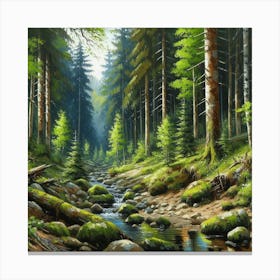 Stream In The Forest, Acrylic Painting Style 12 Canvas Print