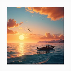 Sunset With A Boat Canvas Print