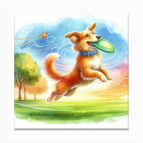 Watercolor Dog With Frisbee Canvas Print