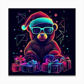 Vector Illustration Glowing Neon Bear In A Santa Canvas Print