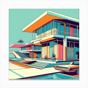 Graphic Illustration Of Mid Century Architecture With Sleek Lines And Vibrant Colors, Style Graphic Design 1 Canvas Print