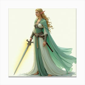 Graceful Elven Warrior With A Glowing Sword, Watercolor 1 Canvas Print