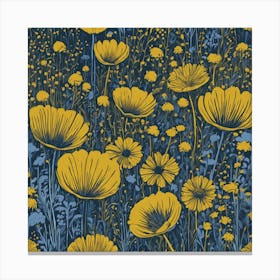 Linocut Flower Meadow Mustard Blue 3 Canvas Print