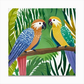 A Group Of Colorful Parrots Is Depicted Standing Close Together Against A Lush Green Jungle Background Canvas Print