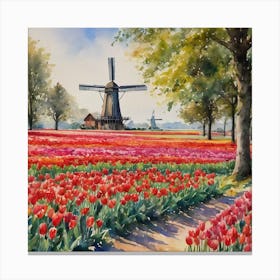 Tulips Field and Windmill Canvas Print