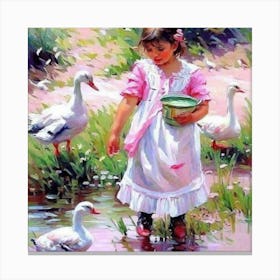 Little Girl With Geese Canvas Print