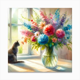 Cat In A Vase Of Flowers Canvas Print