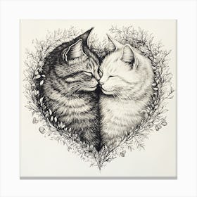 Delicate Ink Drawing of Cats Love Heart 8 Canvas Print