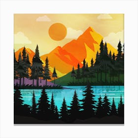 Colorful sunset near the peaceful forest lake Canvas Print