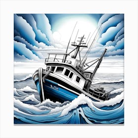 Fishing Boat In The Ocean Japanese Monochromatic Canvas Print