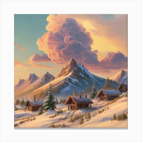 Mountain village snow wooden huts 8 Canvas Print