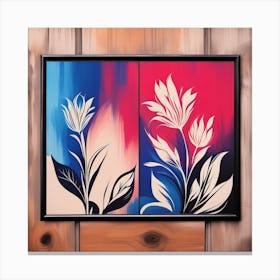 Blue flower painting and black and white background with antique style wood design, Canvas Print