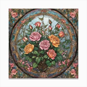 A close up of a stained glass window with a rose in it, Pink Roses In A Vase Canvas Print