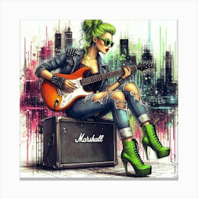 Neon Green Rockabilly Guitar Girl Canvas Print