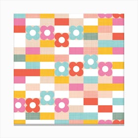 Retro Geo Summer Playful 70s mini floral and Checks in Rainbow Pastels Pattern Canvas Print