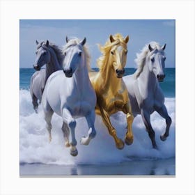 Golden and White Horses On The Beach Canvas Print