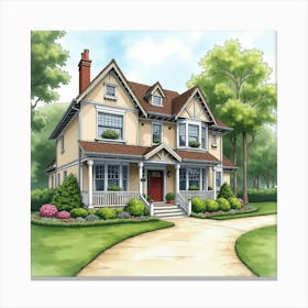 An English Home With A Well Maintained Garden And A Welcoming Front Porch, Watercolor 1 Canvas Print