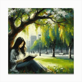 Reading Under A Tree, Acrylic Painting Style Canvas Print