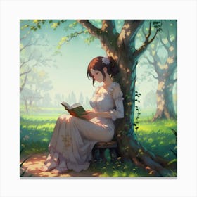Girl With Flower In Her Hair Reading A Book Canvas Print