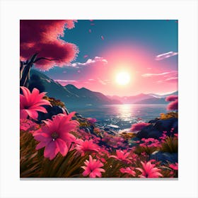 Pink Flowers, sunset, read shade flowers, blue sky, beautiful location , sunset view, wall decorator Canvas Print