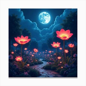 Enchanting Garden With Giant, Bioluminescent Flowers Under A Full Moon 1 Canvas Print