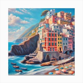 Cinque Terre Art: A Realistic and Colorful Painting of a Beach Scene with a Lot of Details and Textures Canvas Print