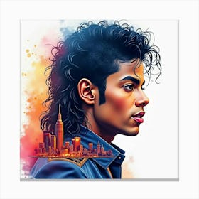 Watercolor Portrait Of Michael Jackson With A Vibrant Skyline 1 Canvas Print