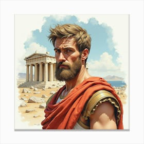 A Watercolor Painting Of A Greek Man With A Noble Bearing, Set Against An Ancient Temple 1 Canvas Print